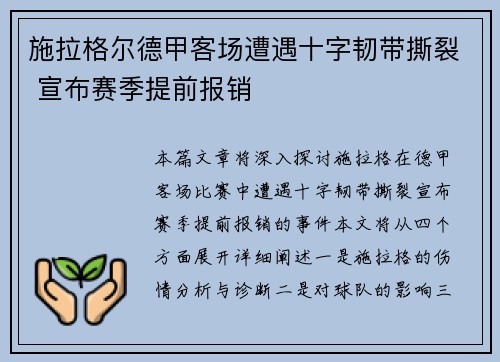 施拉格尔德甲客场遭遇十字韧带撕裂 宣布赛季提前报销