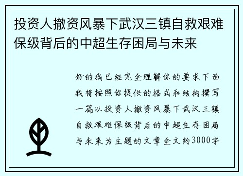 投资人撤资风暴下武汉三镇自救艰难保级背后的中超生存困局与未来